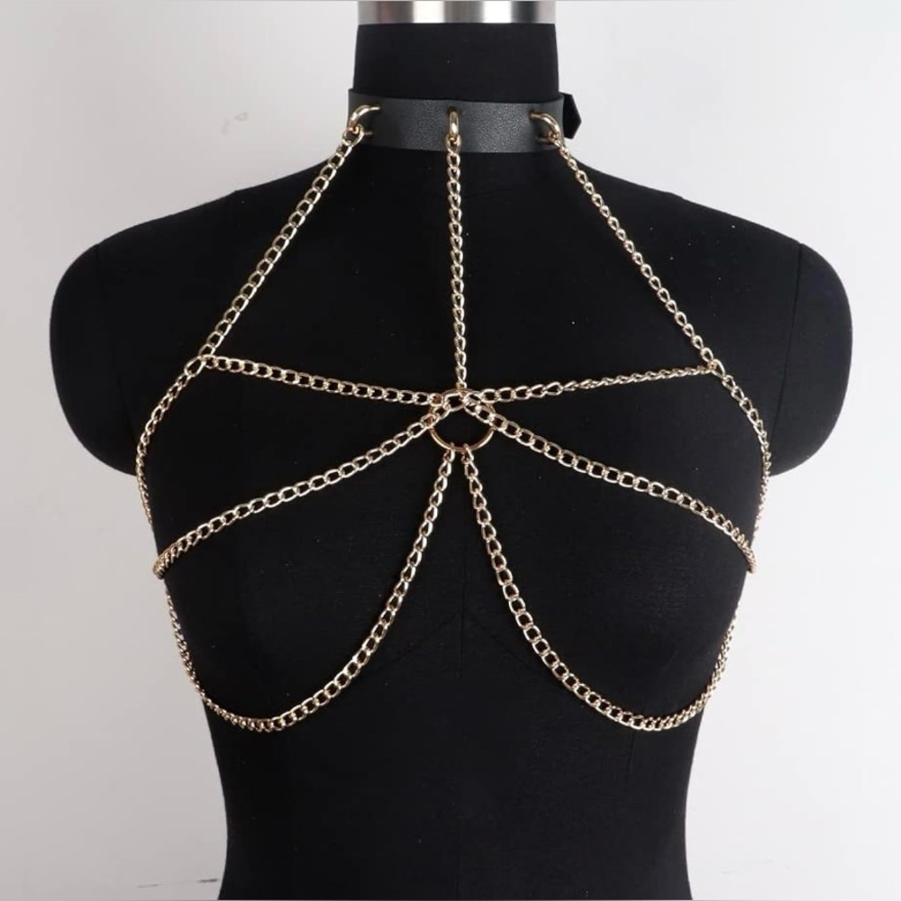 NWOT Black and Gold Chain Harness Lingerie Set - Picture 3 of 6
